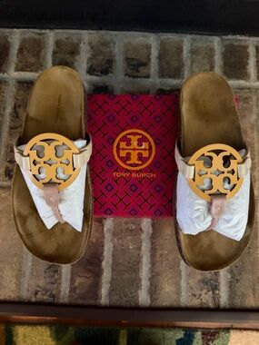 NWOT Tory Burch Miller Cloud Calf/Cork Leather Thong Sandals with box-worn 3x